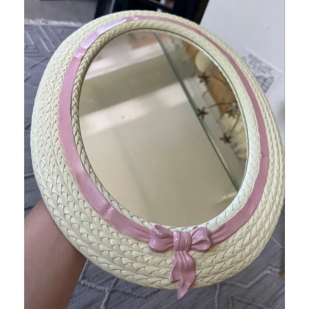 Vintage Oval Nursery Mirror Pink Bow Woven Frame Home girls wall cottage cute